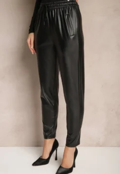 Czarne Spodnie High Waist z Imitacji Skóry z Gumką w Talii Esaleira