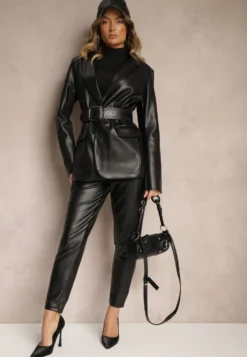 Czarne Spodnie High Waist z Imitacji Skóry z Gumką w Talii Esaleira