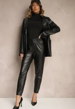 Czarne Spodnie High Waist z Imitacji Skóry z Gumką w Talii Esaleira