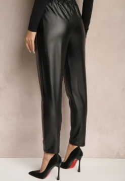 Czarne Spodnie High Waist z Imitacji Skóry z Gumką w Talii Esaleira