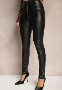 Czarne Spodnie High Waist z Imitacji Skóry z Ozdobnym Suwakiem i Ociepleniem Ilanilith