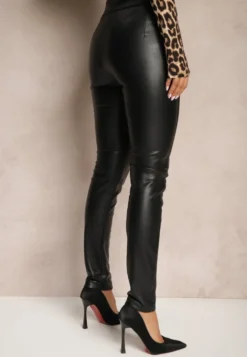 Czarne Spodnie High Waist z Imitacji Skóry z Ozdobnym Suwakiem i Ociepleniem Ilanilith