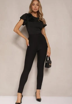 Czarne Spodnie o Fasonie Skinny z Gumką w Pasie i Kieszeniami Rizeena