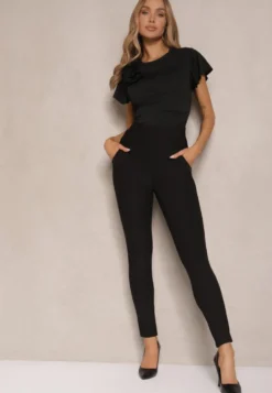 Czarne Spodnie o Fasonie Skinny z Gumką w Pasie i Kieszeniami Rizeena