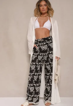 Czarne Spodnie o Szerokim Kroju High Waist Ozdobione Haftem Issedi