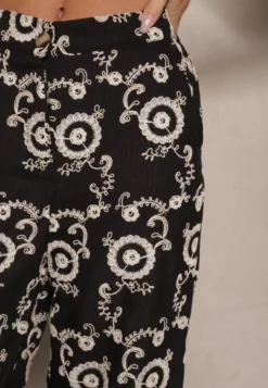 Czarne Spodnie o Szerokim Kroju High Waist Ozdobione Haftem Issedi