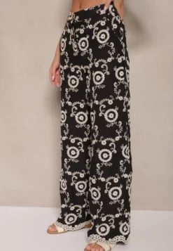 Czarne Spodnie o Szerokim Kroju High Waist Ozdobione Haftem Issedi