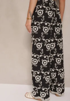 Czarne Spodnie o Szerokim Kroju High Waist Ozdobione Haftem Issedi