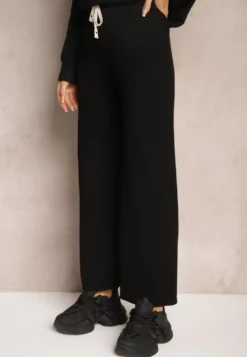 Czarne Spodnie o Szerokim Kroju High Waist z Gumką w Pasie Mefinia