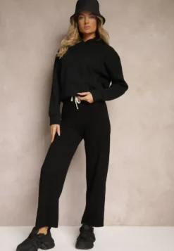 Czarne Spodnie o Szerokim Kroju High Waist z Gumką w Pasie Mefinia
