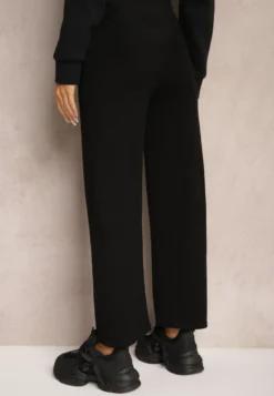 Czarne Spodnie o Szerokim Kroju High Waist z Gumką w Pasie Mefinia