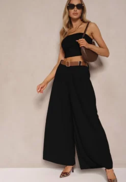 Czarne Spodnie o Szerokim Kroju High Waist Ozdobione Paskiem Rasalle