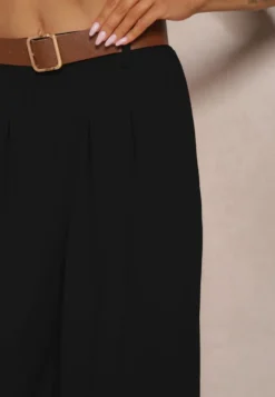 Czarne Spodnie o Szerokim Kroju High Waist Ozdobione Paskiem Rasalle