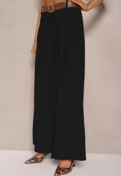 Czarne Spodnie o Szerokim Kroju High Waist Ozdobione Paskiem Rasalle