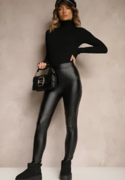Czarne Spodnie Skinny High Waist z Imitacji Skóry Ocieplane Polarową Wyściółką Lavimi