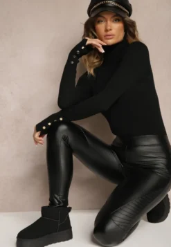 Czarne Spodnie Skinny High Waist z Imitacji Skóry Ocieplane Polarową Wyściółką Lavimi
