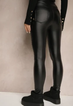 Czarne Spodnie Skinny High Waist z Imitacji Skóry Ocieplane Polarową Wyściółką Lavimi