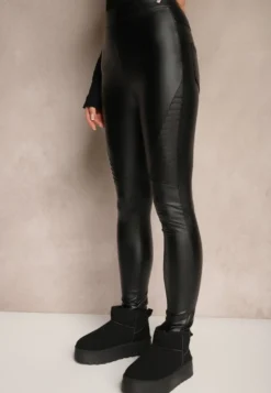 Czarne Spodnie Skinny High Waist z Imitacji Skóry Ocieplane Polarową Wyściółką Lavimi