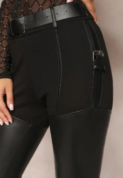 Czarne Spodnie Skinny z Imitacji Skóry i Paskiem Bisrattema