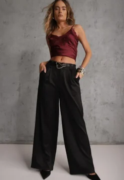 Czarne Spodnie Szerokie z Dodatkiem Bawełny High Waist z Metaliczną Klamrą Azaerixis