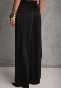 Czarne Spodnie Szerokie z Dodatkiem Bawełny High Waist z Metaliczną Klamrą Azaerixis