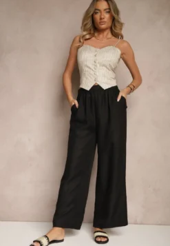 Czarne Spodnie Typu Palazzo High Waist o Szerokim Kroju Arathira