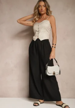 Czarne Spodnie Typu Palazzo High Waist o Szerokim Kroju Arathira