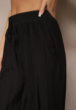 Czarne Spodnie Typu Palazzo o Szerokim Kroju High Waist Ozdobione Wiązaniem Yaslevia