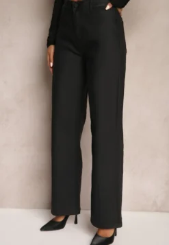 Czarne Spodnie Woskowane o Szerokim Kroju High Waist Sezila