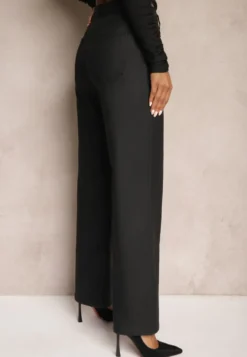 Czarne Spodnie Woskowane o Szerokim Kroju High Waist Sezila