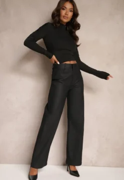 Czarne Spodnie Woskowane o Szerokim Kroju High Waist Sezila