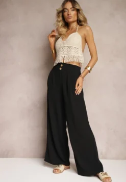 Czarne Spodnie w Stylu Alladynek High Waist Wykończone Gumką w Pasie Riselma