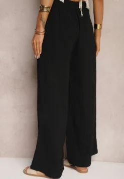 Czarne Spodnie w Stylu Alladynek High Waist Wykończone Gumką w Pasie Riselma