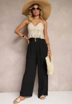 Czarne Spodnie w Stylu Alladynek High Waist Wykończone Gumką w Pasie Riselma