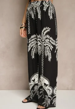 Czarne Spodnie z Wiskozy o Szerokim Kroju High Waist z Palmami Varritia