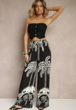 Czarne Spodnie z Wiskozy o Szerokim Kroju High Waist z Palmami Varritia