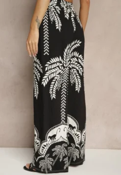 Czarne Spodnie z Wiskozy o Szerokim Kroju High Waist z Palmami Varritia