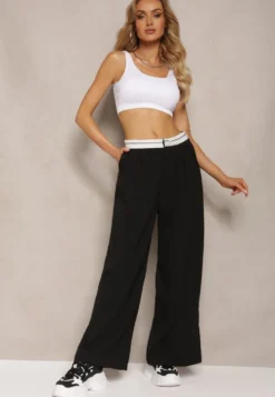 Czarne Spodnie z Wiskozy Palazzo High Waist Zapinane na Suwak Nellieva
