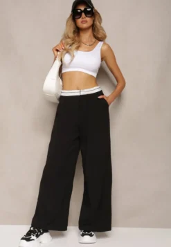 Czarne Spodnie z Wiskozy Palazzo High Waist Zapinane na Suwak Nellieva