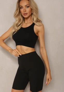 Czarne Sportowe Szorty Kolarki Prążkowane High Waist Steiama