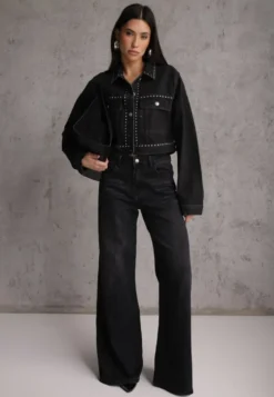 Czarne Szerokie Jeansy Palazzo z Bawełną High Waist Zinnasira
