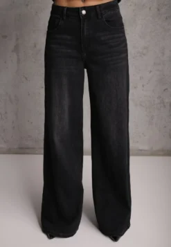 Czarne Szerokie Jeansy Palazzo z Bawełną High Waist Zinnasira