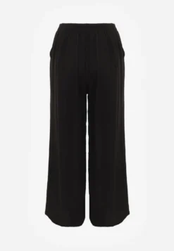 Czarne Szerokie Spodnie Casual High Waist ze Strukturalnej Tkaniny Hyrarpia