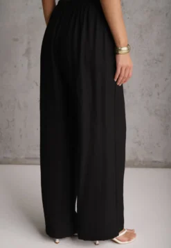 Czarne Szerokie Spodnie Casual High Waist ze Strukturalnej Tkaniny Hyrarpia