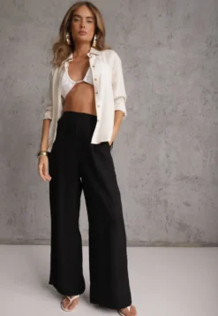 Czarne Szerokie Spodnie Casual High Waist ze Strukturalnej Tkaniny Hyrarpia