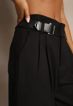 Czarne Szerokie Spodnie Garniturowe z Wiskozą High Waist Ozdobione Paskiem Elowanda