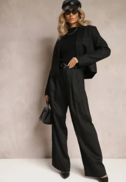 Czarne Szerokie Spodnie High Waist z Kieszeniami Keanne
