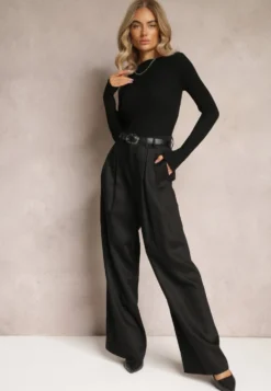 Czarne Szerokie Spodnie High Waist z Kieszeniami Keanne