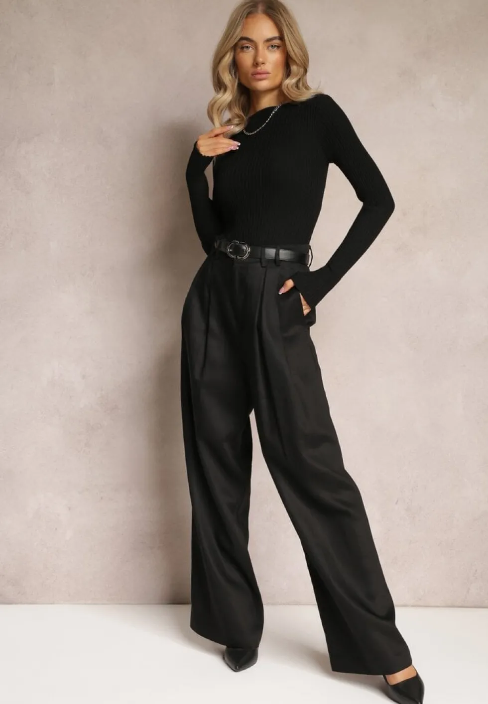 Czarne Szerokie Spodnie High Waist z Kieszeniami Keanne