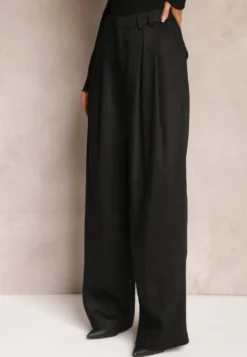 Czarne Szerokie Spodnie High Waist z Kieszeniami Keanne
